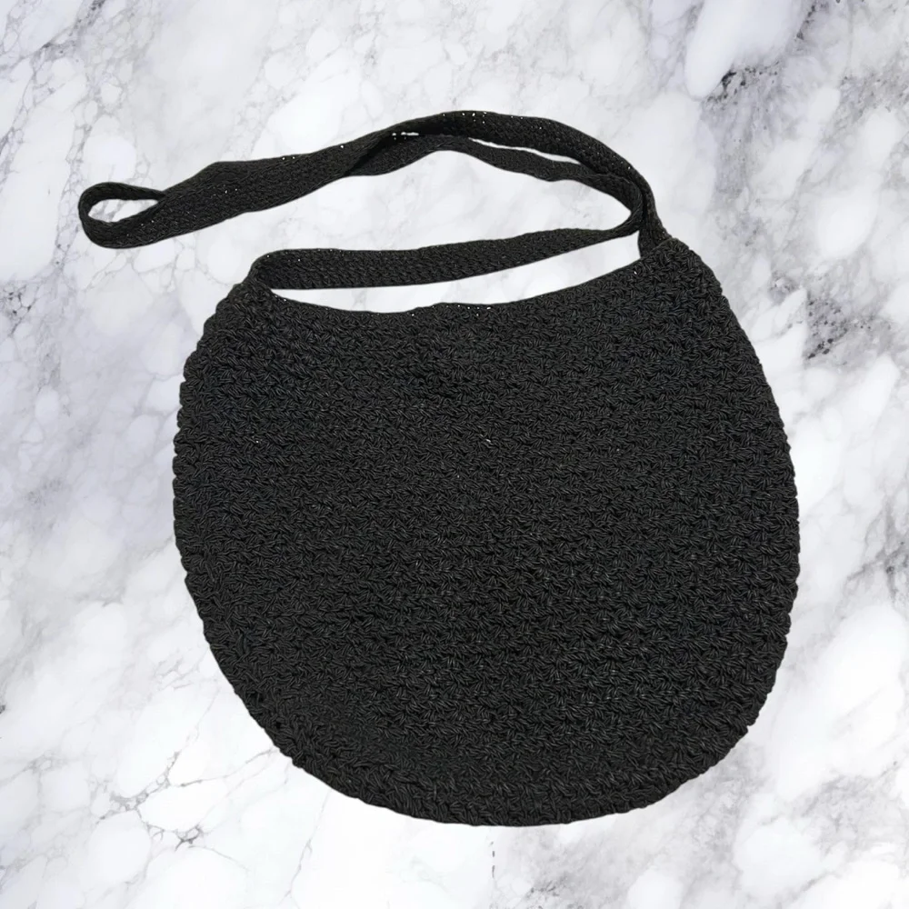 Crochet Hobo Purse Crossbody Sling Black Knit Roomy